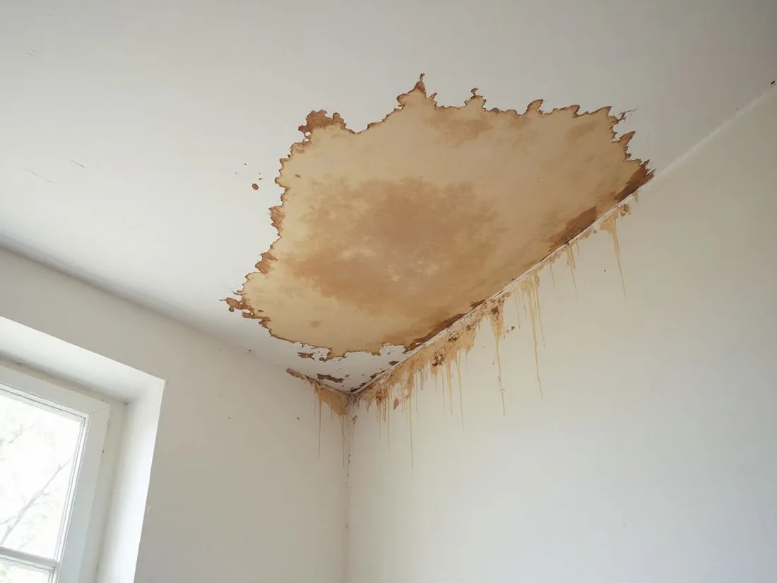 Tache d'infiltration brune au plafond d'une pièce, signe d'une fuite de toiture